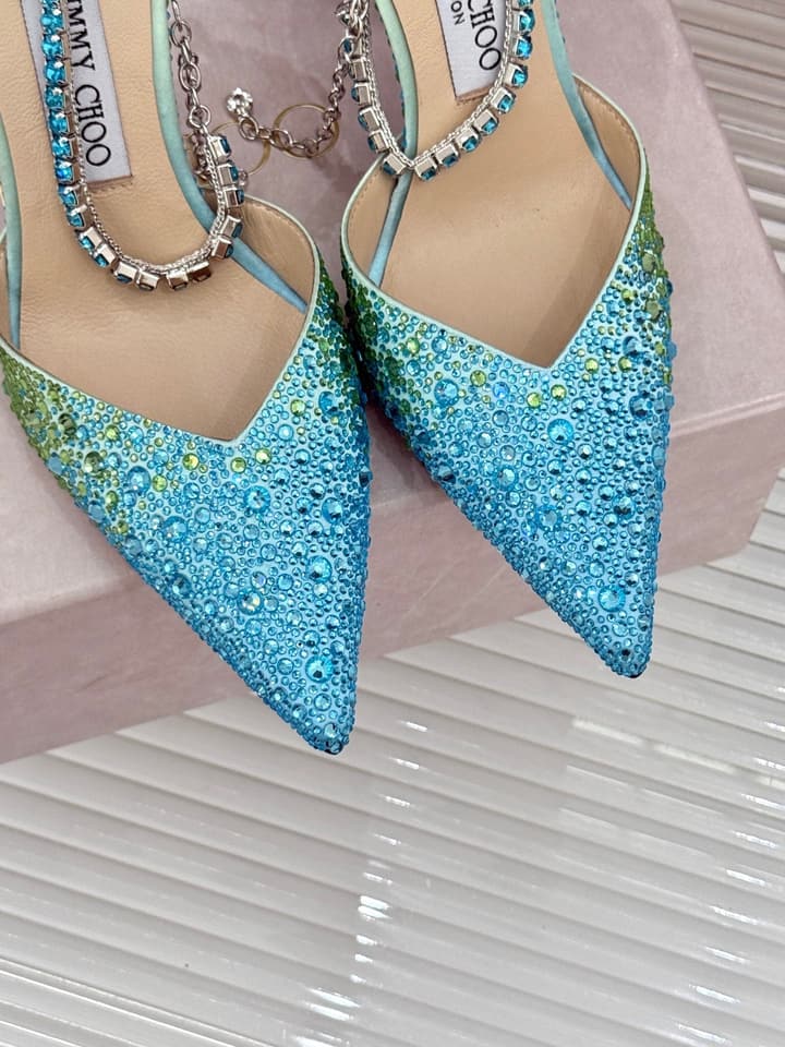 Jimmy Choo Classic Crystal Pointed High-Heeled Sandals in Lavender Yellow Ombre