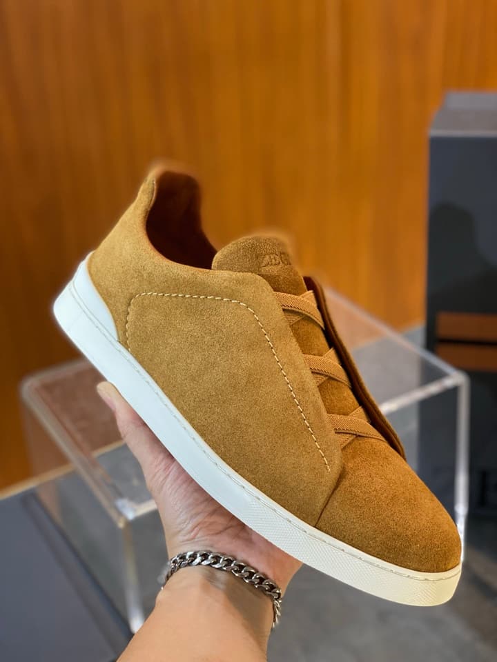 Zegna Triple Stitch Leather Sneakers in Black Smooth Leather