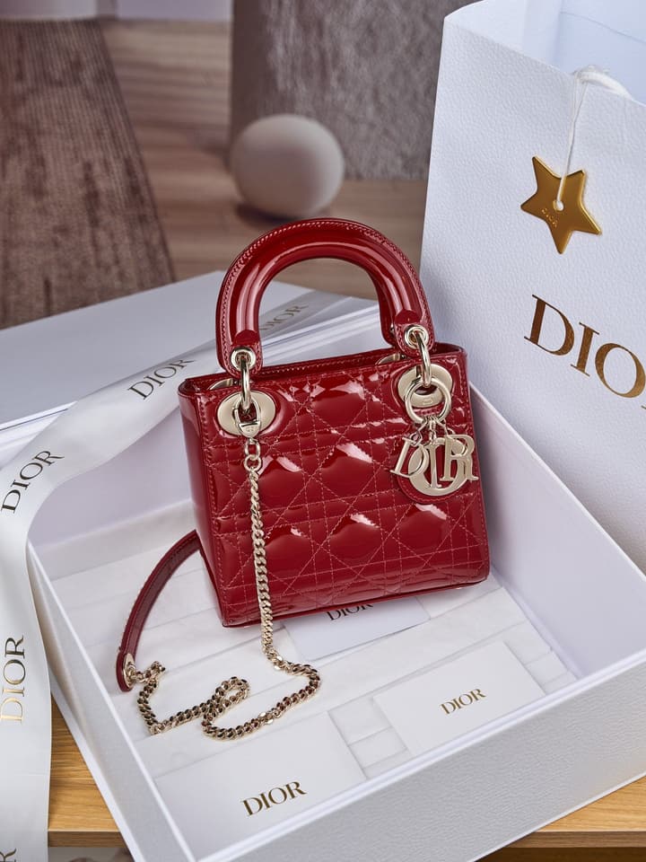 Dior Lady Dior Mini Patent Crossbody Bag in Cherry Red Patent