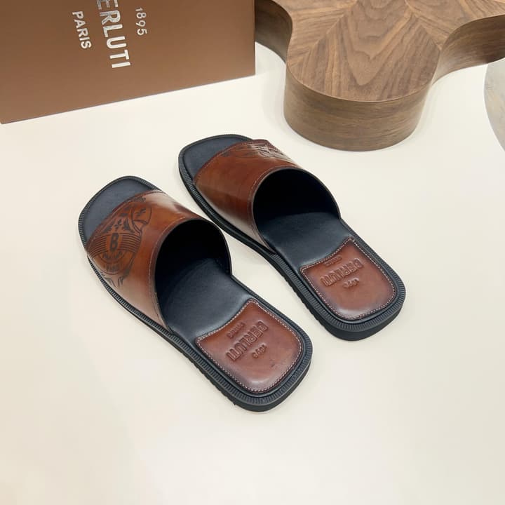 Berluti Hand-Painted Calfskin Slippers in Matte Black