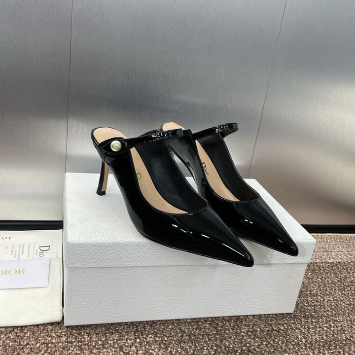 Dior J'Adior Jolie Pearl Pointed-Toe Mules – 2024 Spring/Summer Collection in Black Patent