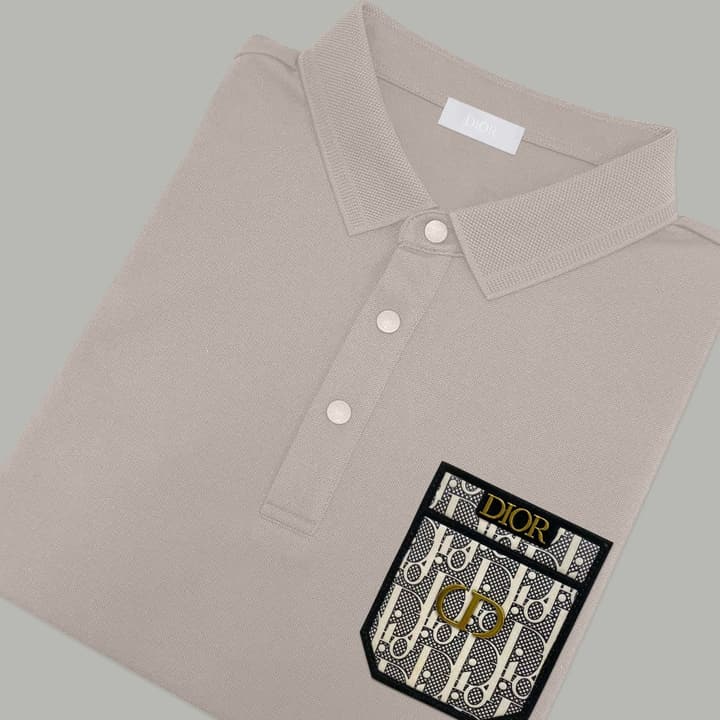 Dior Silk Long Sleeve Polo Shirt with Metal Patch in White With Solid Pocket