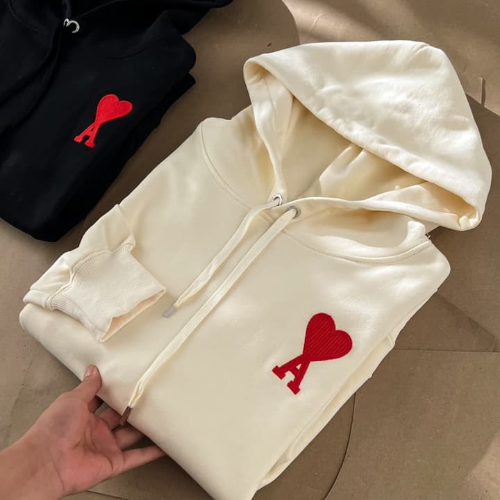 Ami Paris Ami De Coeur Heart Embroidery Hoodie in Beige