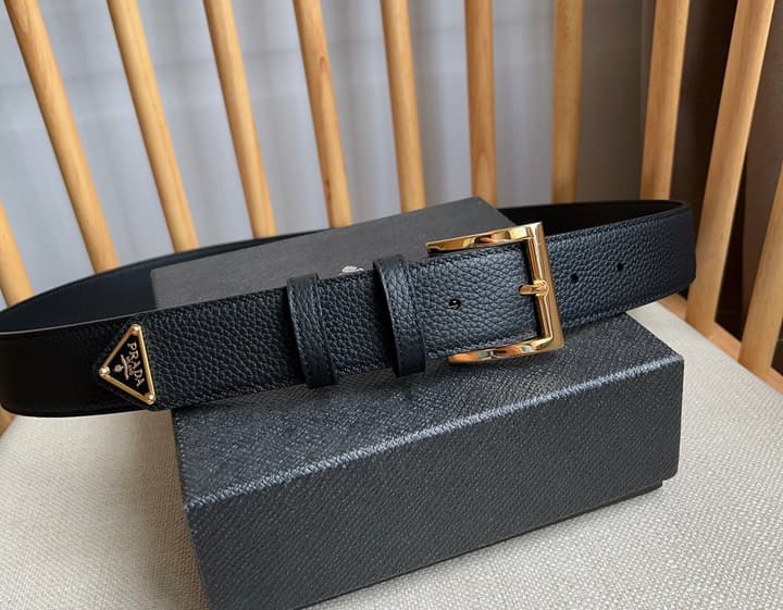 Prada Leather Belt with Triangle Logo in Black Leather Gold Buckle