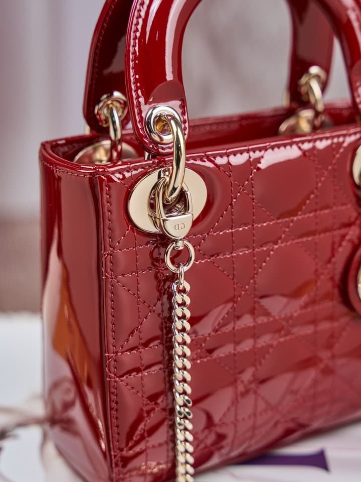 Dior Lady Dior Mini Patent Crossbody Bag in Cherry Red Patent