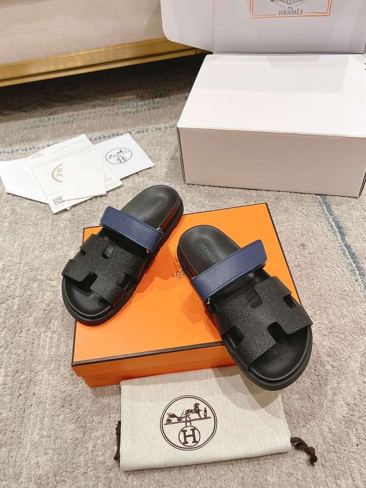 Hermès Chypre Suede Unisex Slides in Black With Dark Blue Strap