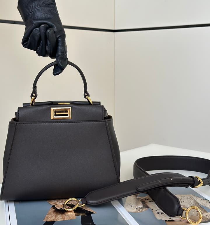 Fendi Peekaboo Classic Calfskin Satchel in Dark Coffee Brown Leather