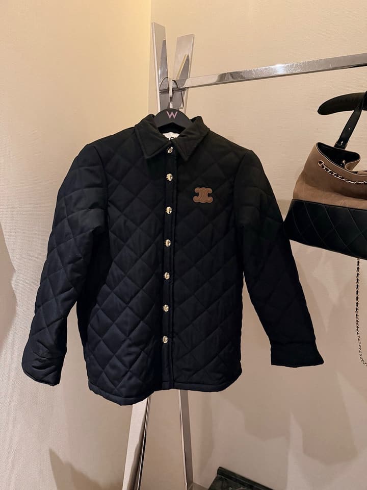 Celine Triomphe Custom Metal Button Puffer Jacket in Black Quilted Jacket