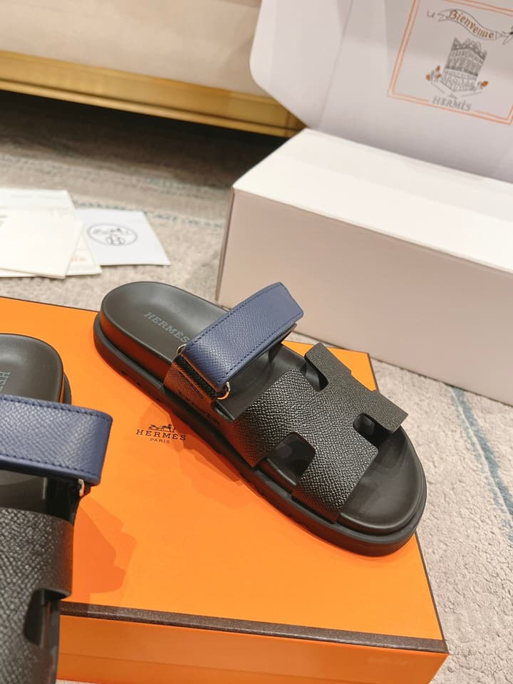 Hermès Chypre Suede Unisex Slides in Black With Dark Blue Strap