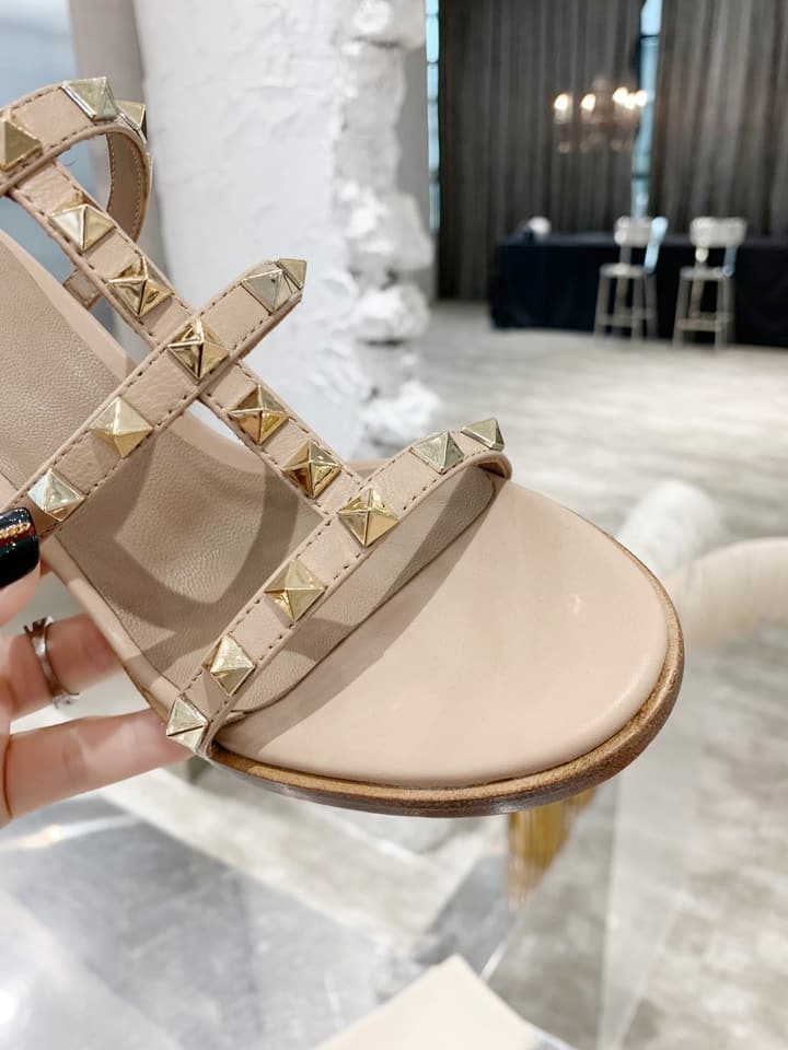 Valentino Studded Classic Block Heel Sandals in Beige