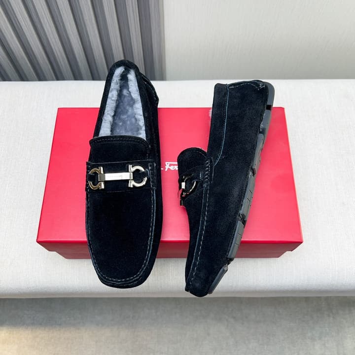Ferragamo Imported Cowhide Fur-Lined Loafers in Black Patent Leather