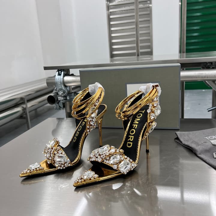 Tom Ford Gold Crystal Heeled Sandals in Metallic Gold