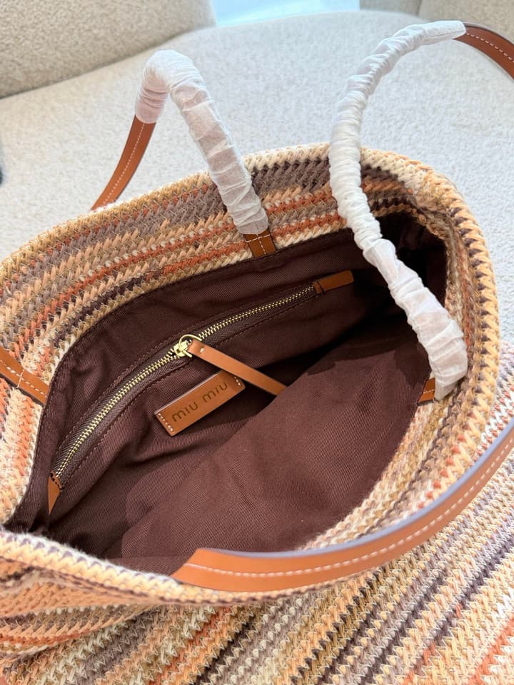 Miu Miu Knit Woven Tote Bag – Vacation Collection in Milk Tea Multi-Color Knit
