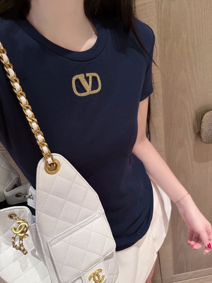 Valentino V-Logo Gold Thread Embroidery T-Shirt in Blue