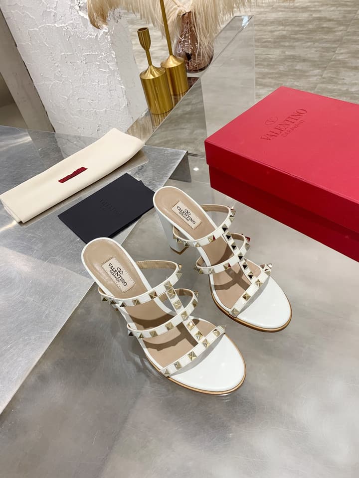 Valentino Studded Classic Block Heel Sandals in Beige