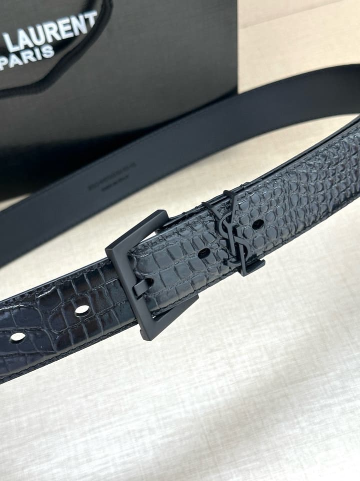Saint Laurent Monogram Crocodile Embossed Leather Narrow Belt