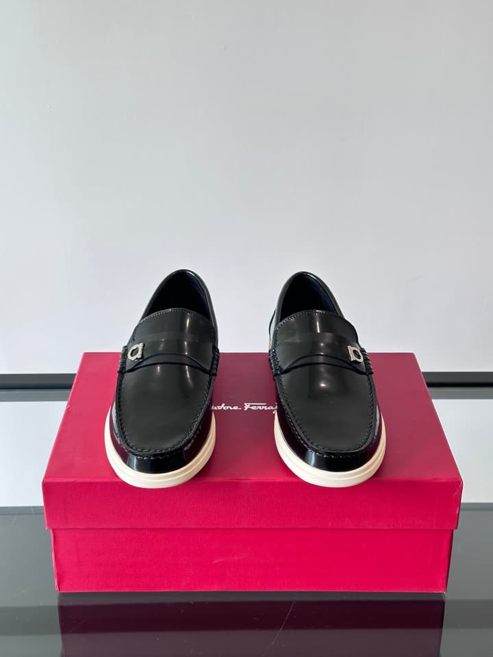 Ferragamo Men's Imported Calfskin Driving Shoes in Classic Black Leather
