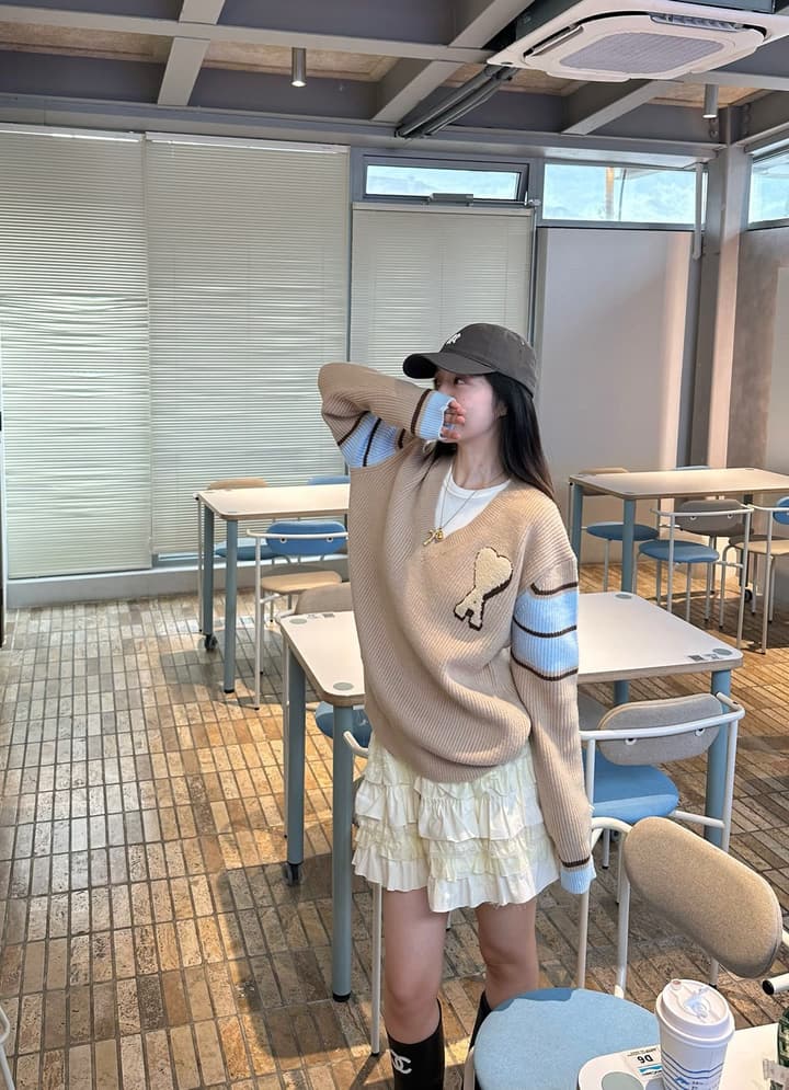 AMI Paris Classic Heart Logo V-Neck Knit Sweater in Khaki Brown With Striped Sleeves