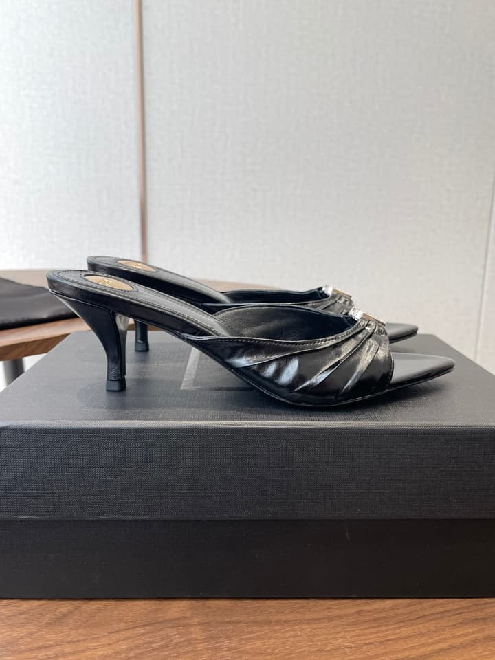 Saint Laurent Pointed Toe Stiletto Heeled Sandals – 26SS in Black - Gold Logo Plaque