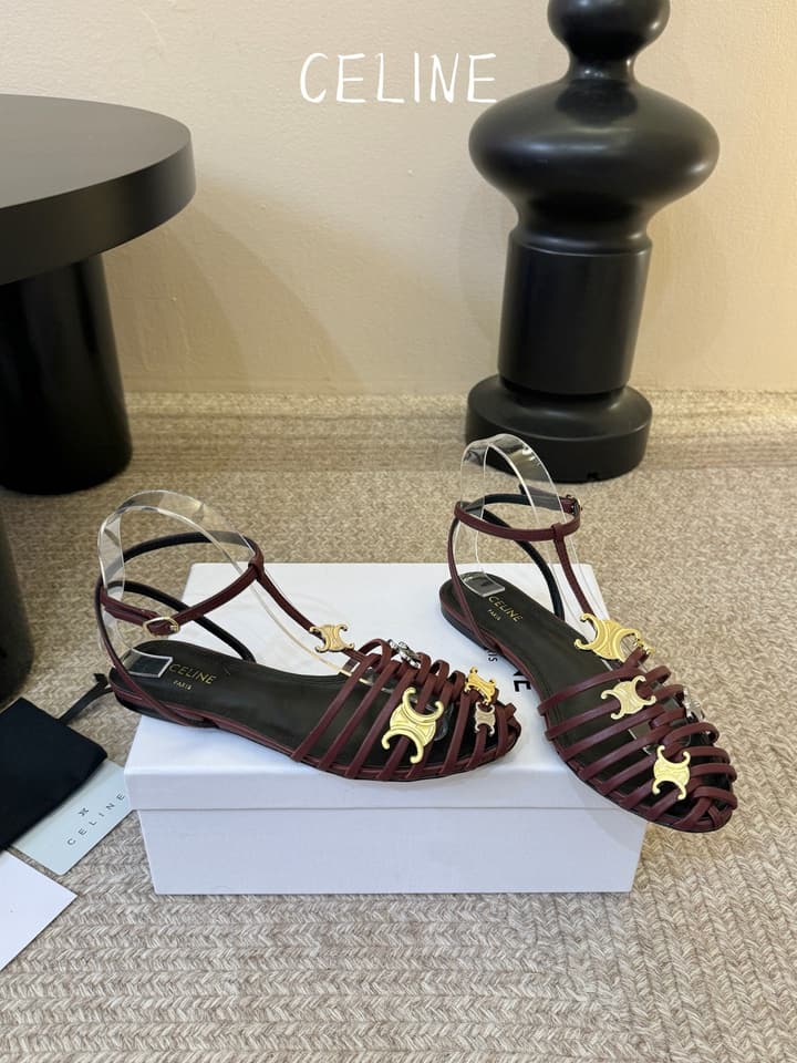 Celine Triomphe Ankle Strap Sandals – Spring/Summer Collection in Black - Large Logo Flats