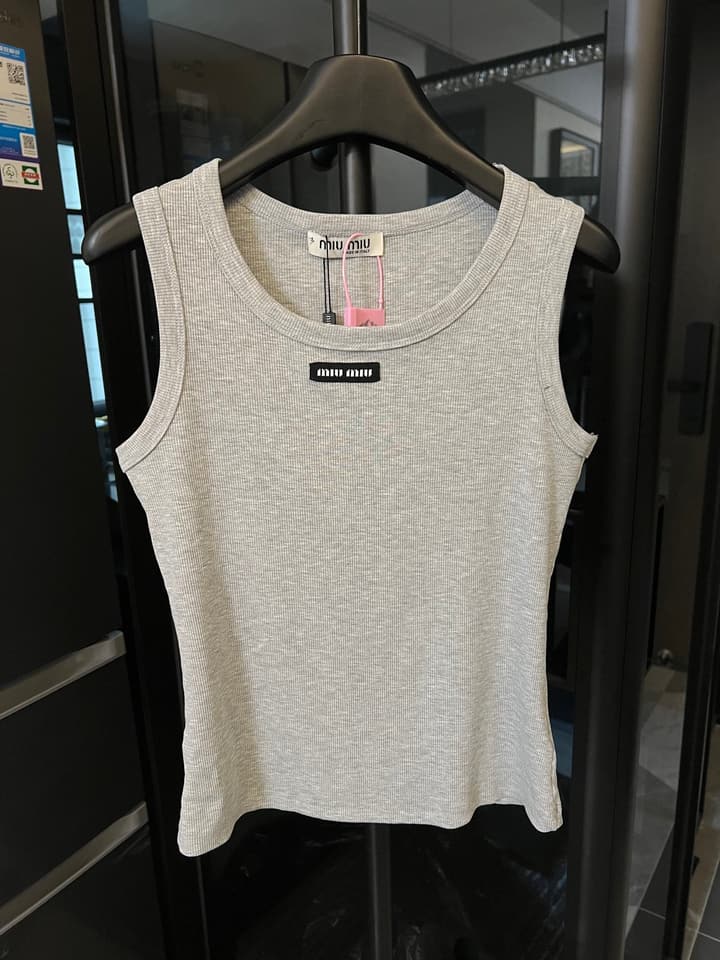 Miu Miu Ribbed Cotton Logo Tank Top – 25SS in Grey