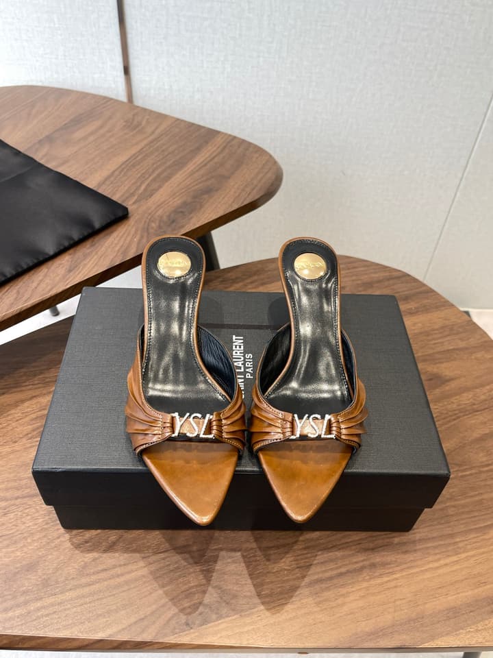 Saint Laurent Pointed Toe Stiletto Heeled Sandals – 26SS in Black - Gold Logo Plaque