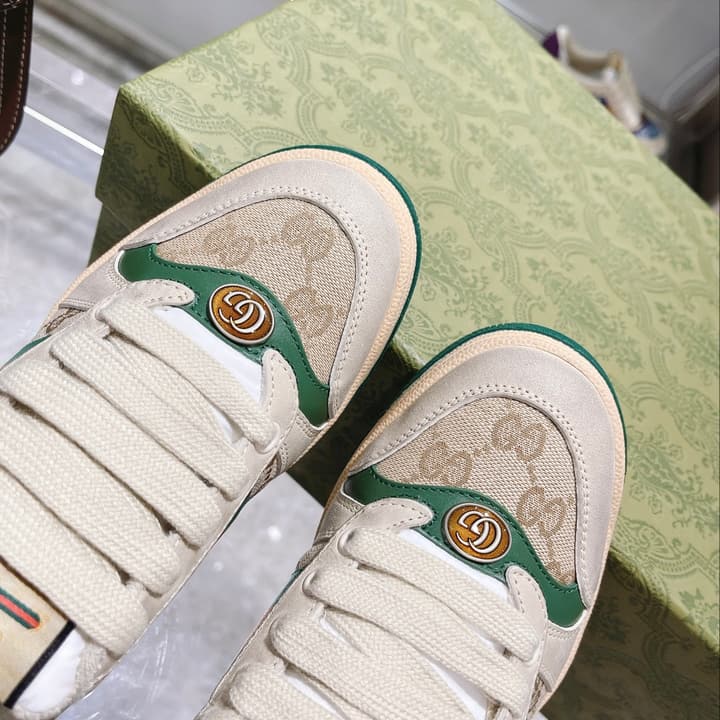Gucci First Generation Distressed Leather Sneakers in Beige Distressed With Web Stripe