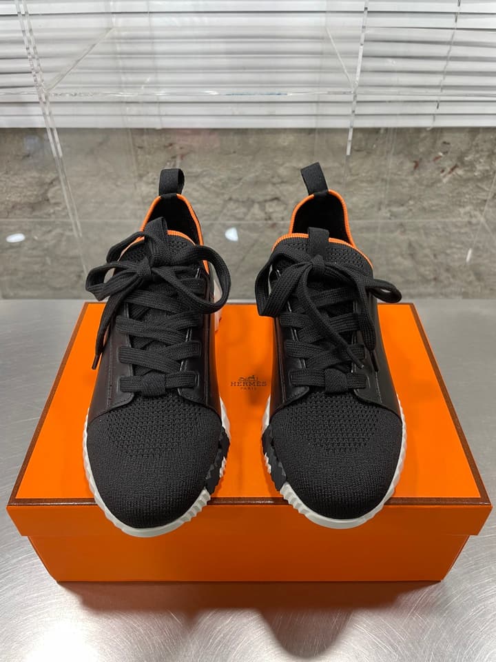 Hermès Sport Sneakers – Iconic Orange Edge in Black Knit With Black Laces