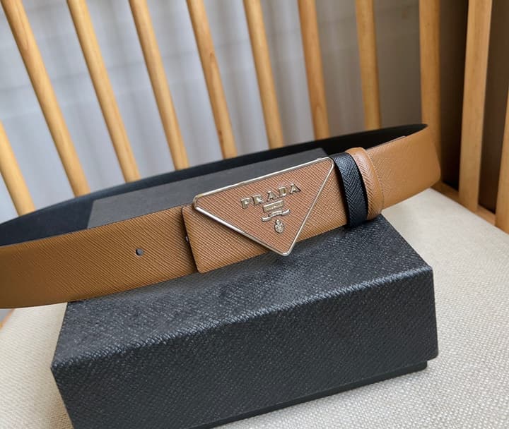 Prada Triangle Logo Buckle Belt in Classic Camel Leather