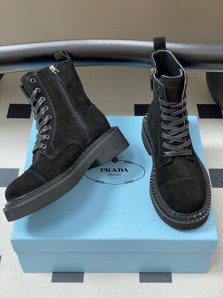 Prada Triangle Logo Combat Boots – 25SS in Black Suede