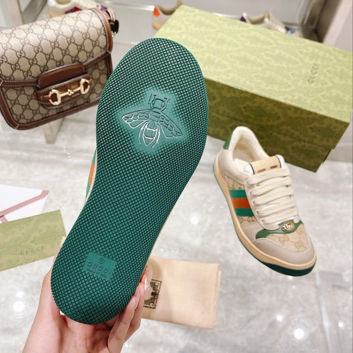 Gucci First Generation Distressed Leather Sneakers in Beige Distressed With Web Stripe
