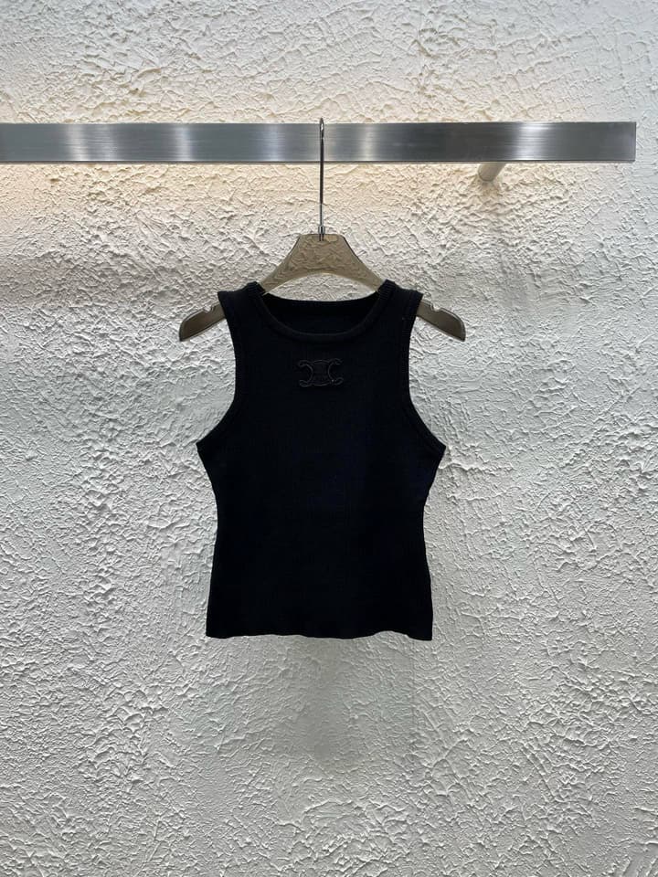 Celine Triomphe Embroidered Crewneck Knit Tank Top in Black