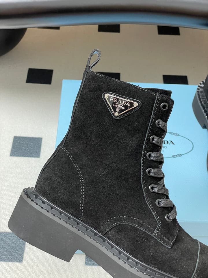 Prada Triangle Logo Combat Boots – 25SS in Black Suede
