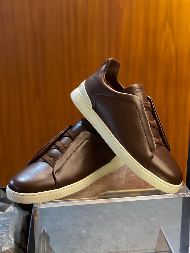 Zegna Triple Stitch Leather Sneakers in Black Smooth Leather