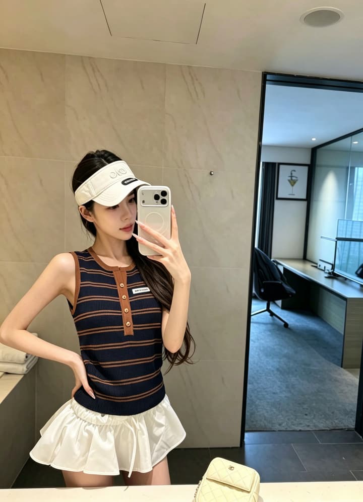 Miu Miu Striped Buttoned Slim-Fit Tank Top in Coffee