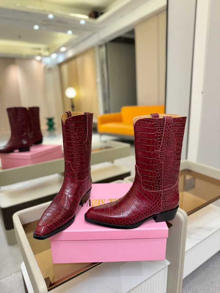 Paris Texas Crocodile Embossed Western Ankle Boots in Chocolate Croc