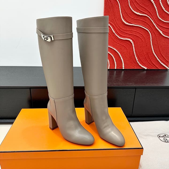 Hermès Kelly Buckle High Heel Knee-High Boots in Black Leather