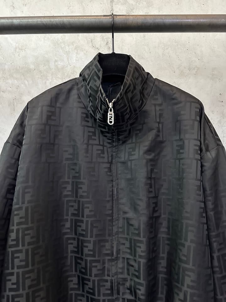 Fendi Stand Collar Nylon Bomber Jacket in Black Jacquard Bomber Jacket