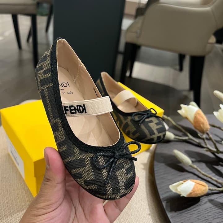Fendi Girl's Double F Ballerina Flats – Kids Collection – 24SS in Black Monogram