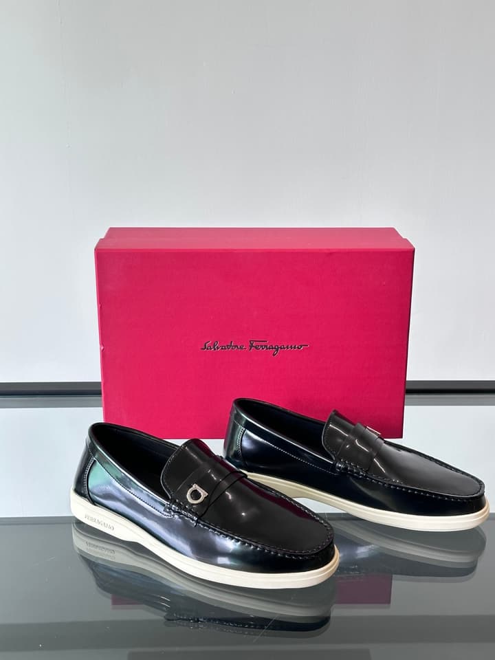 Ferragamo Men's Imported Calfskin Driving Shoes in Classic Black Leather