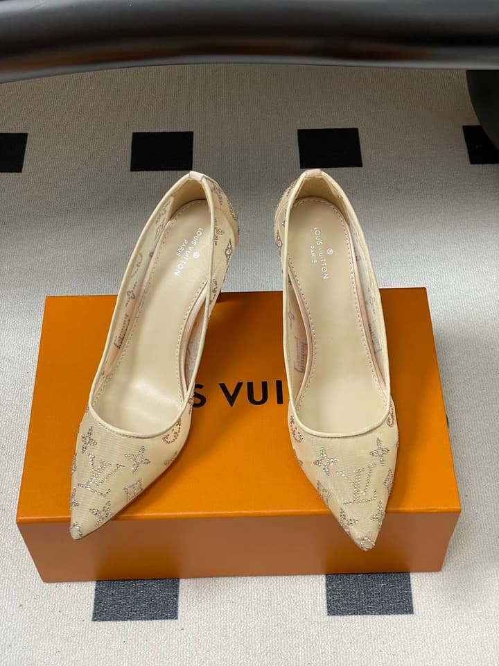 Louis Vuitton Gala Mesh Rhinestone High Heels – 25SS in Beige Monogram Lace