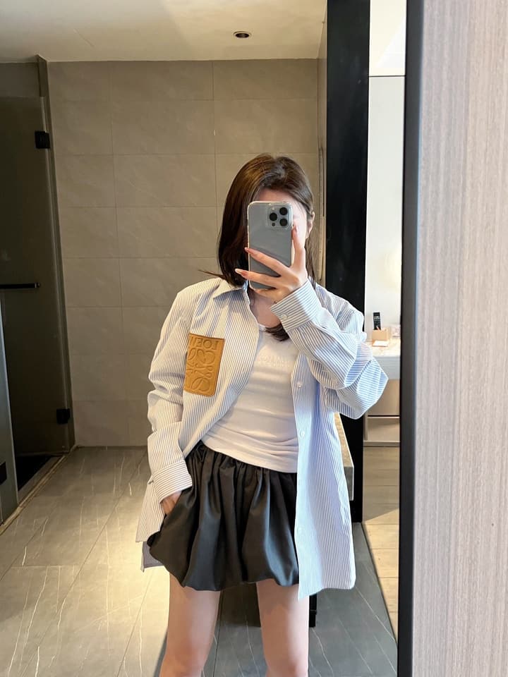 Loewe Embossed Logo Suede Pocket Striped Shirt in Tan Loewe Pouch, Light Blue Overshirt, Black Skirt - View 1