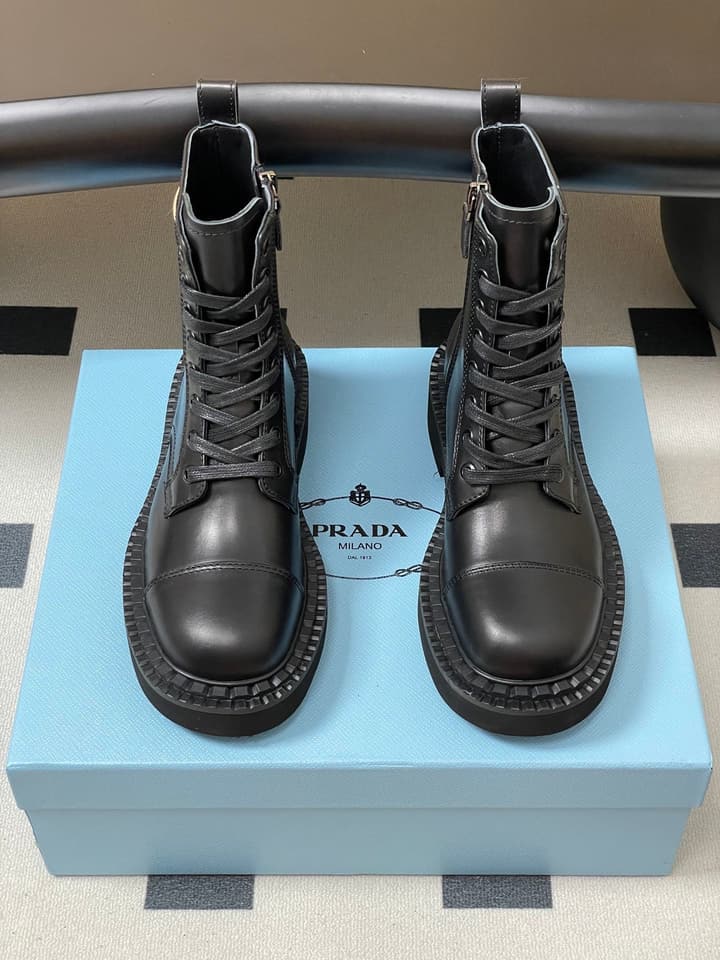 Prada Triangle Logo Combat Boots – 25SS in Black Suede