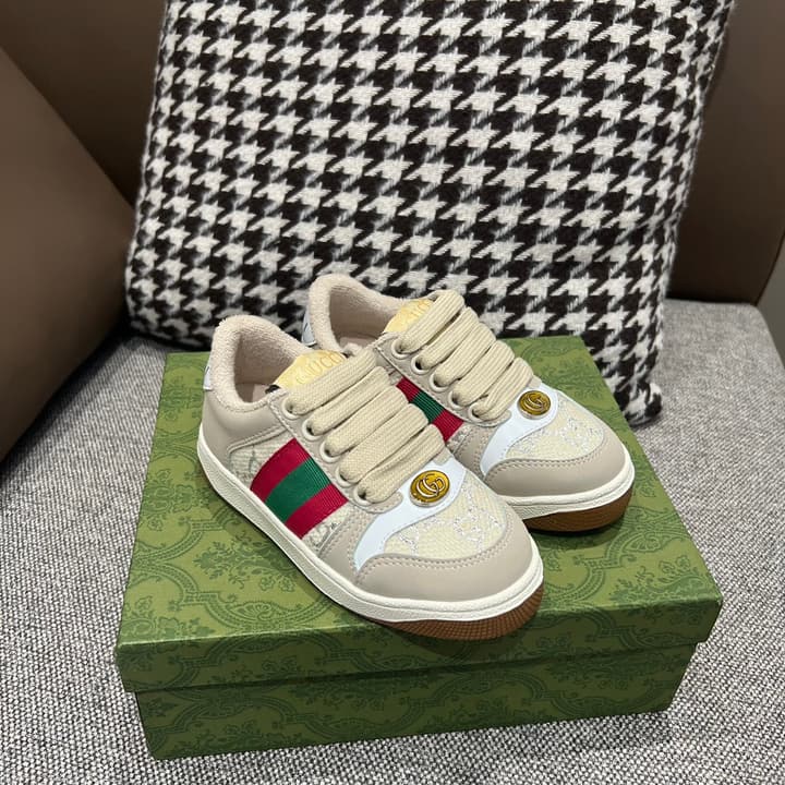 Gucci Rhyton Distressed Kids' Sneakers – Kids Collection – 2023SS in Cream With Blue Flower Design