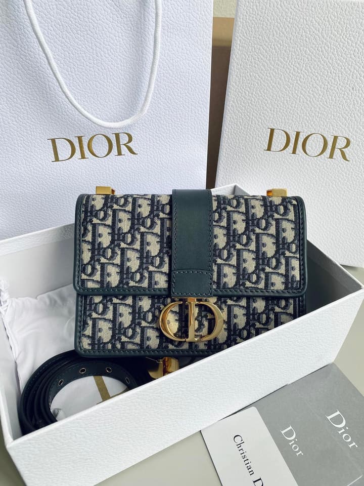 Dior Montaigne 30 Shoulder Bag in Navy Oblique Canvas With Leather Trim