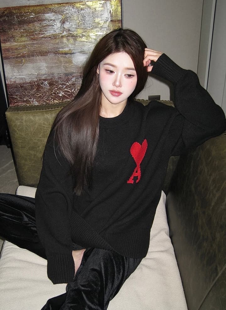 AMI Paris Heart Letter Knitted Sweater in Black With Red Heart