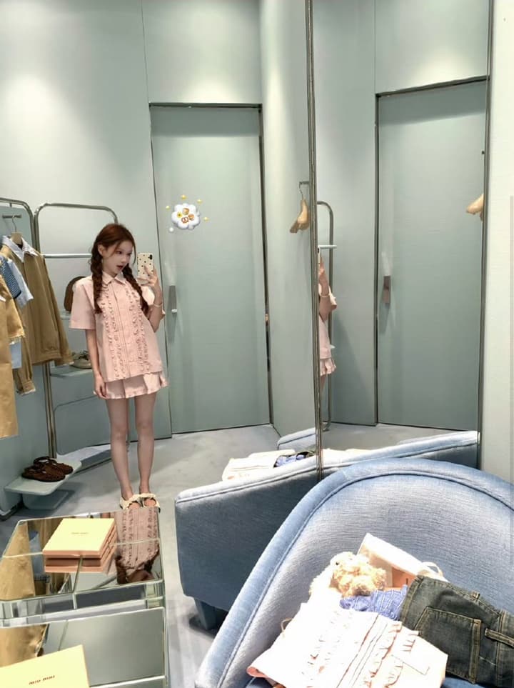 Miu Miu Embroidered Ruffle Shirt and Pleated Skort Set in Pink