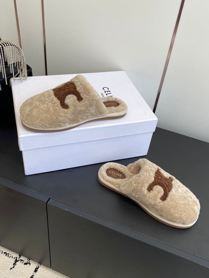 Celine Triomphe Wool Slippers – Autumn/Winter Collection in Beige