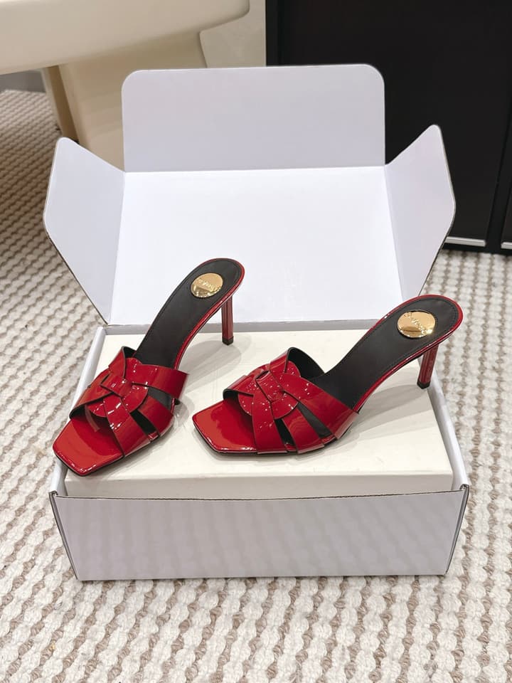 Saint Laurent Melody Square-Toe Heeled Sandals – 2026 Spring/Summer Collection in Beige Patent