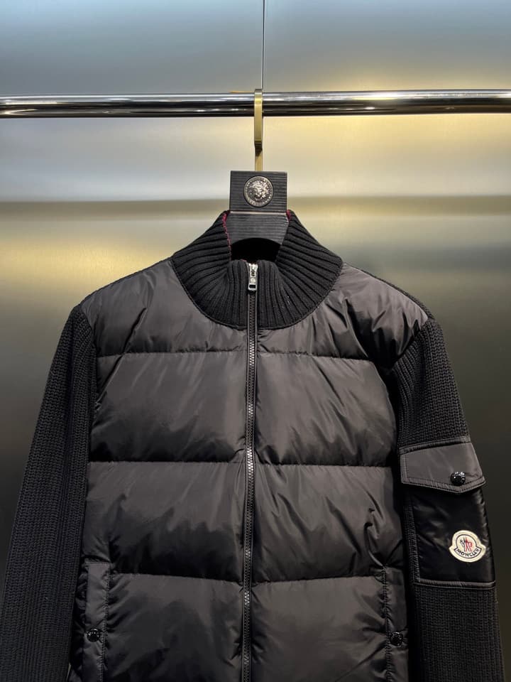 Moncler Knitted Patchwork Stand-Collar Jacket in Dark Brown
